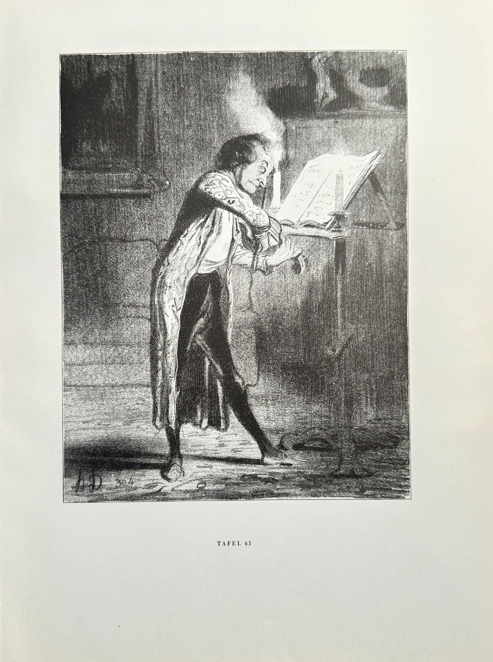 Honoré Daumier (1808–1879), after – The Night Worker (Tafel 65) – Offset print (20th Century): This offset print is based on a lithograph by Honoré Daumier, depicting a writer working intently late into the night. The figure is bent over a large book or stand, illuminated dramatically by the f