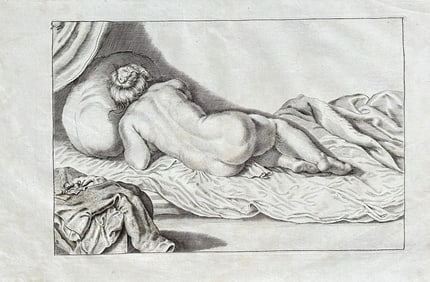 Frederick de Wit (c. 1630–1706) – Female Nude from Behind – Engraving (c. 1700): This engraving is an academic study of the female form, depicting a reclining nude figure seen from behind. The figure is lying on a bed with a pillow and draped cloth, with her hair tied up in a bun.