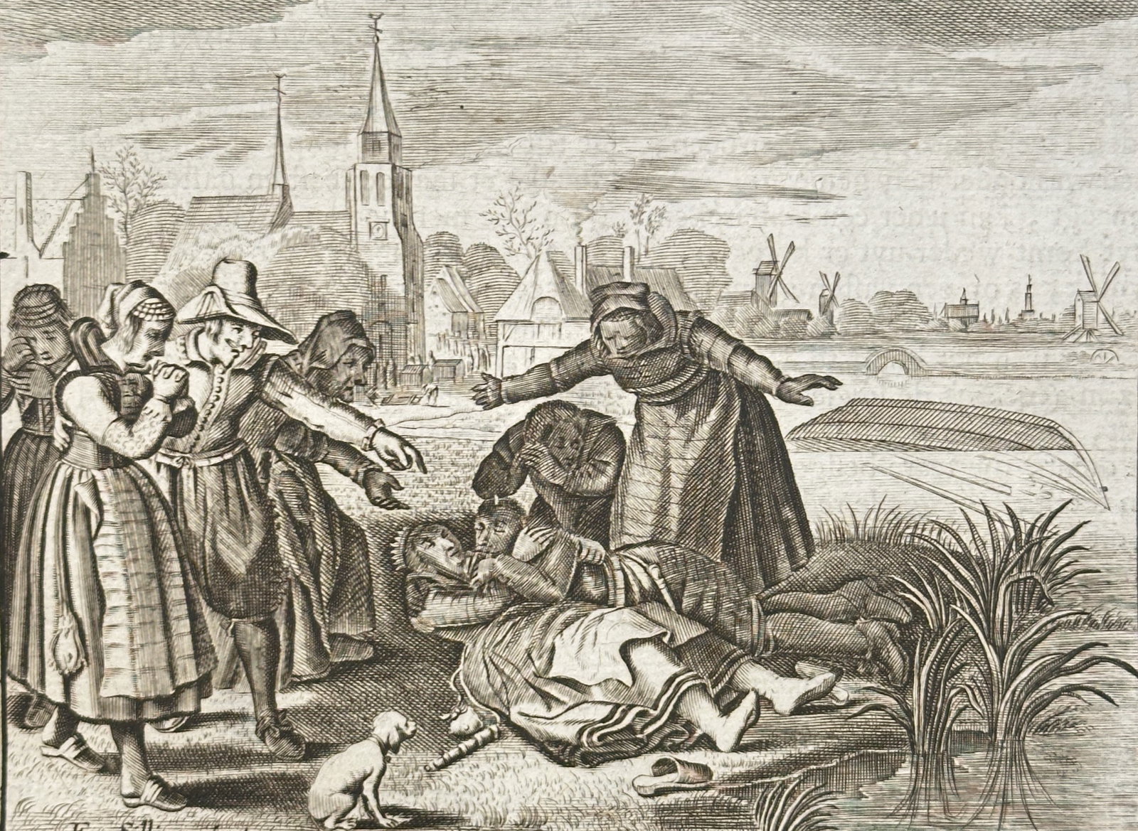 Jacob Cats (1577–1660) – The Chosen Bride (The Bride-Slave) – Engraving (Circa 1655): This detailed engraving depicts a dramatic, moralizing genre scene set in a rural town square, illustrating a verse from one of Jacob Cats’s influential emblem books. The scene shows a distressed yo