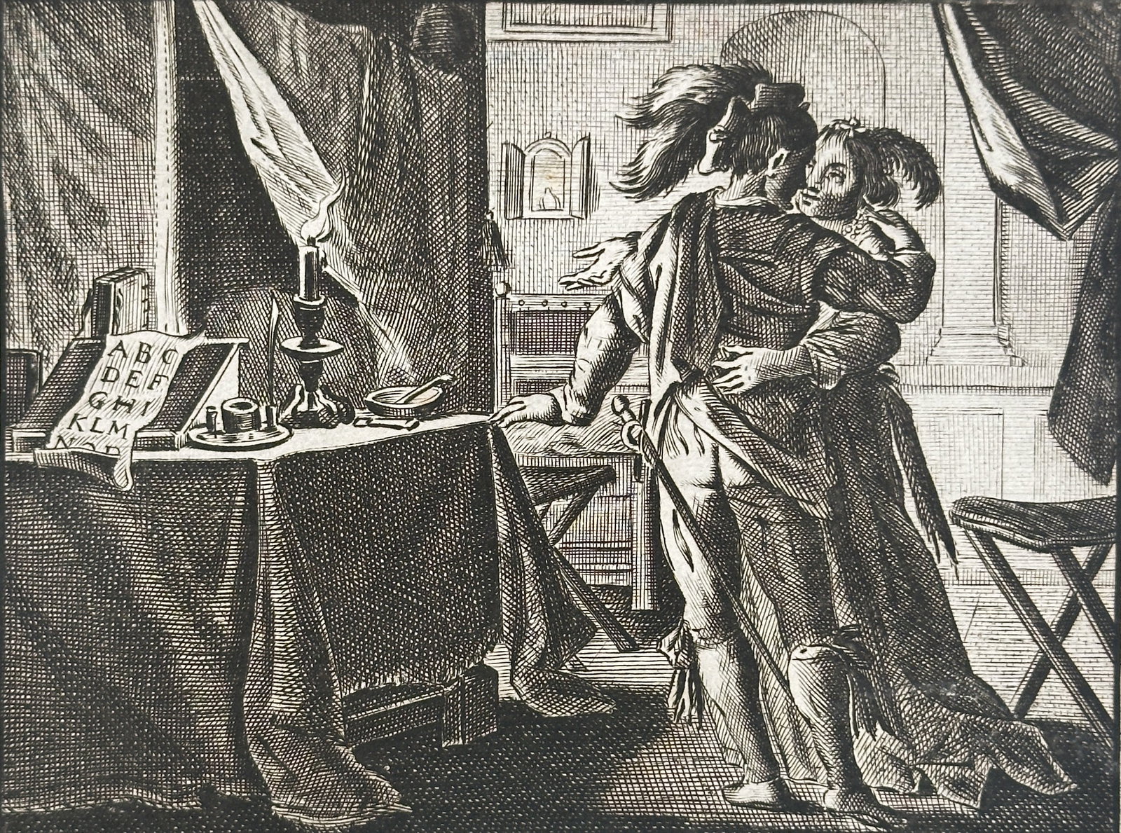 Jacob Cats (1577–1660) – The Basket-Bearing Virgin (MANDRAGENDE MAEGHT) – Engraving (Circa: This small, detailed engraving illustrates a moral lesson from one of Jacob Cats’s emblem books, titled The Basket-Bearing Virgin. The scene is set in an interior where a young couple is embracing i