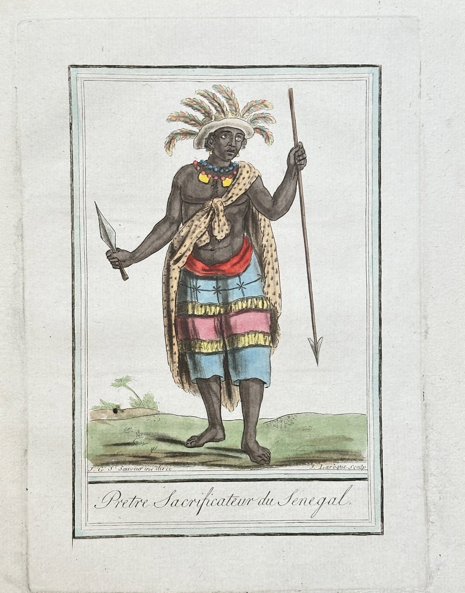 Jacques Grasset de Saint-Sauveur (1757–1810) – Priest of Senegal – Hand-coloured engraving: This hand-coloured engraving, titled "Prêtre Sacrificateur du Sénégal" (Sacrificing Priest of Senegal), depicts a male figure in ceremonial attire from the region of Senegal, Africa. The figure is 