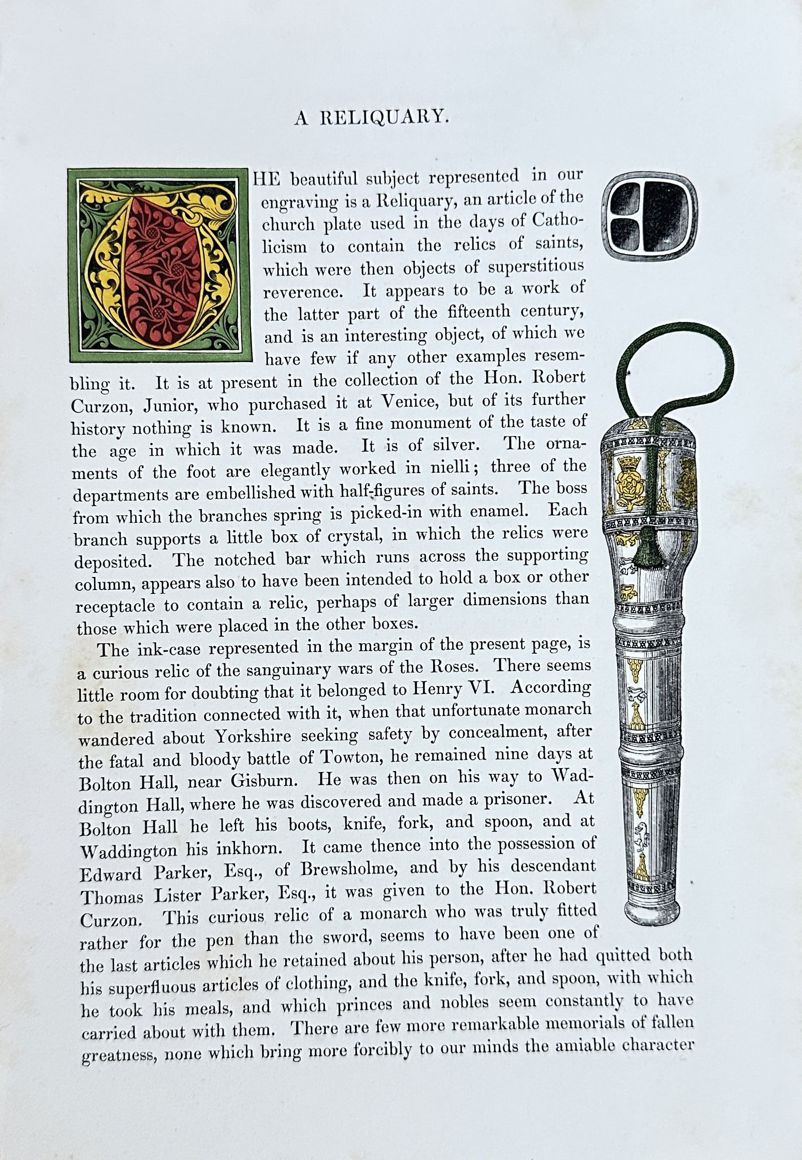 Henry Shaw – A Reliquary (Reliquary and Ornamental Detail) – Hand-coloured Engraving (1843) (1 of 2)