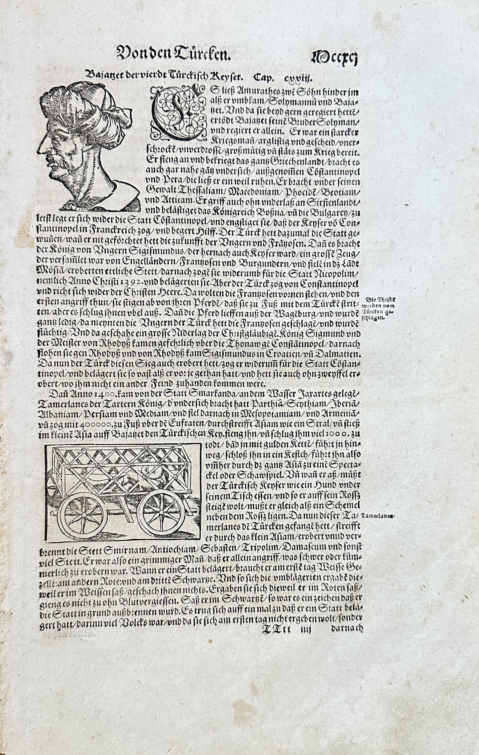Sebastian Münster – Concerning the Turks (including a Portrait of the Sultan and an Artillery: This sheet is an original text and woodcut page focusing on the Ottoman Empire (Turkey) and its military capabilities, featuring a bust-profile portrait of a Sultan and a diagram of artillery mounted 
