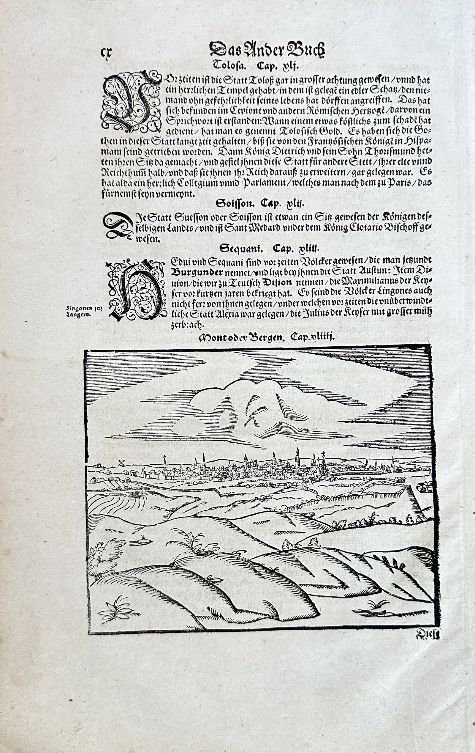 Sebastian Münster – City View of Montpellier, France – Woodcut (Circa 1570): This sheet is an original text and woodcut page, featuring a bird's-eye view of a city nestled among rolling hills in the lower section, accompanied by German text in the upper section. This topograph