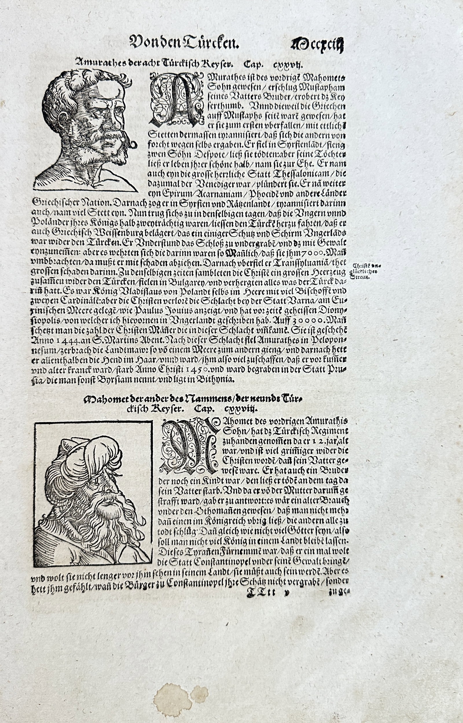 Sebastian Münster – Concerning the Turks (Portraits of Turkish Rulers) – Woodcut (Circa 1570): This sheet is an original text and woodcut page, titled "Von dem Türcken" (Concerning the Turks) in German, and focuses on the rulers and history of the Ottoman Empire. The page features two distinct