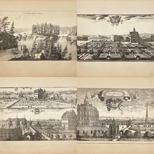 Erik Dahlberg – Set of 4: Topographical Views including the Alvkarleby Falls: This set of four original decorative lithographs by Erik Dahlberg presents detailed topographical views from "Suecia antiqua et hodierna" (Ancient and Modern Sweden). The collection includes depiction