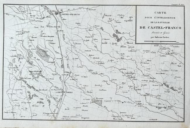 Ambroise Tardieu – Map of Castel Franco – Copperplate engraving – c.1820: This copperplate map engraved by Ambroise Tardieu depicts the town and surroundings of Castel Franco, located in the Veneto region of northern Italy. The map highlights roads, topographical contours, 