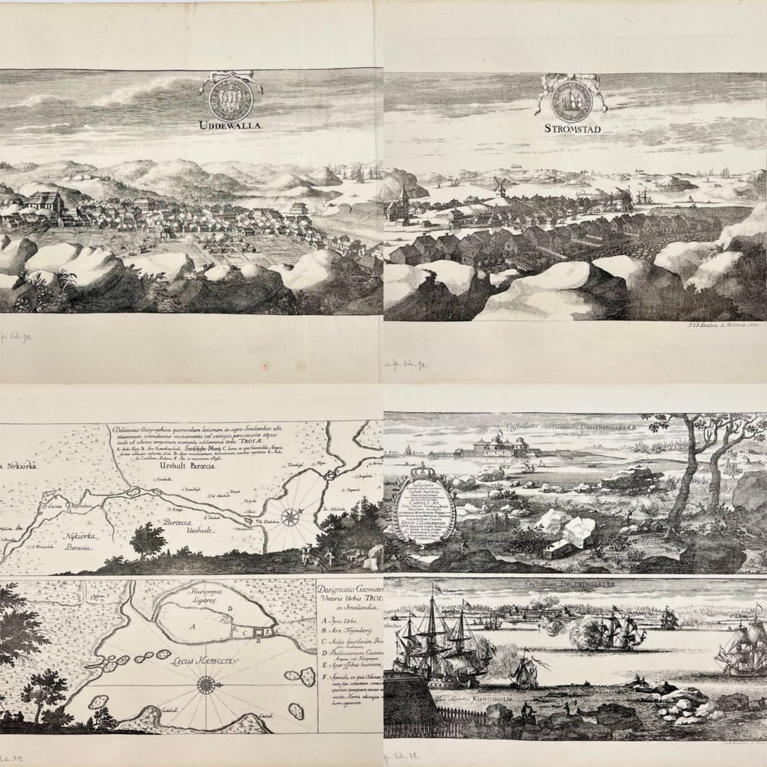 Erik Dahlberg – Set of 4: View of the City of Strömstad, View of the City of Uddevalla: This set of four topographical lithographs documents the geography and heraldry of Sweden, originating from the comprehensive work Suecia Antiqua et Hodierna (Ancient and Modern Sweden). The set inclu