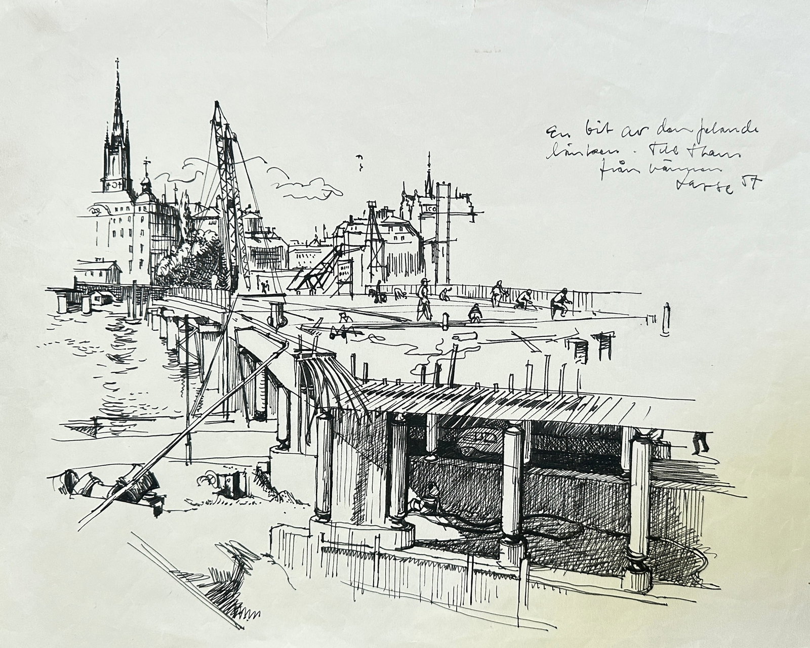 Unknown Artist – Stockholm Dockside Construction with Floating Timber – Pen and Ink Illustration: This topographical Pen and Ink Illustration depicts a busy dockside scene in Stockholm, Sweden, showing construction activity and floating timber being managed alongside historical city architecture i