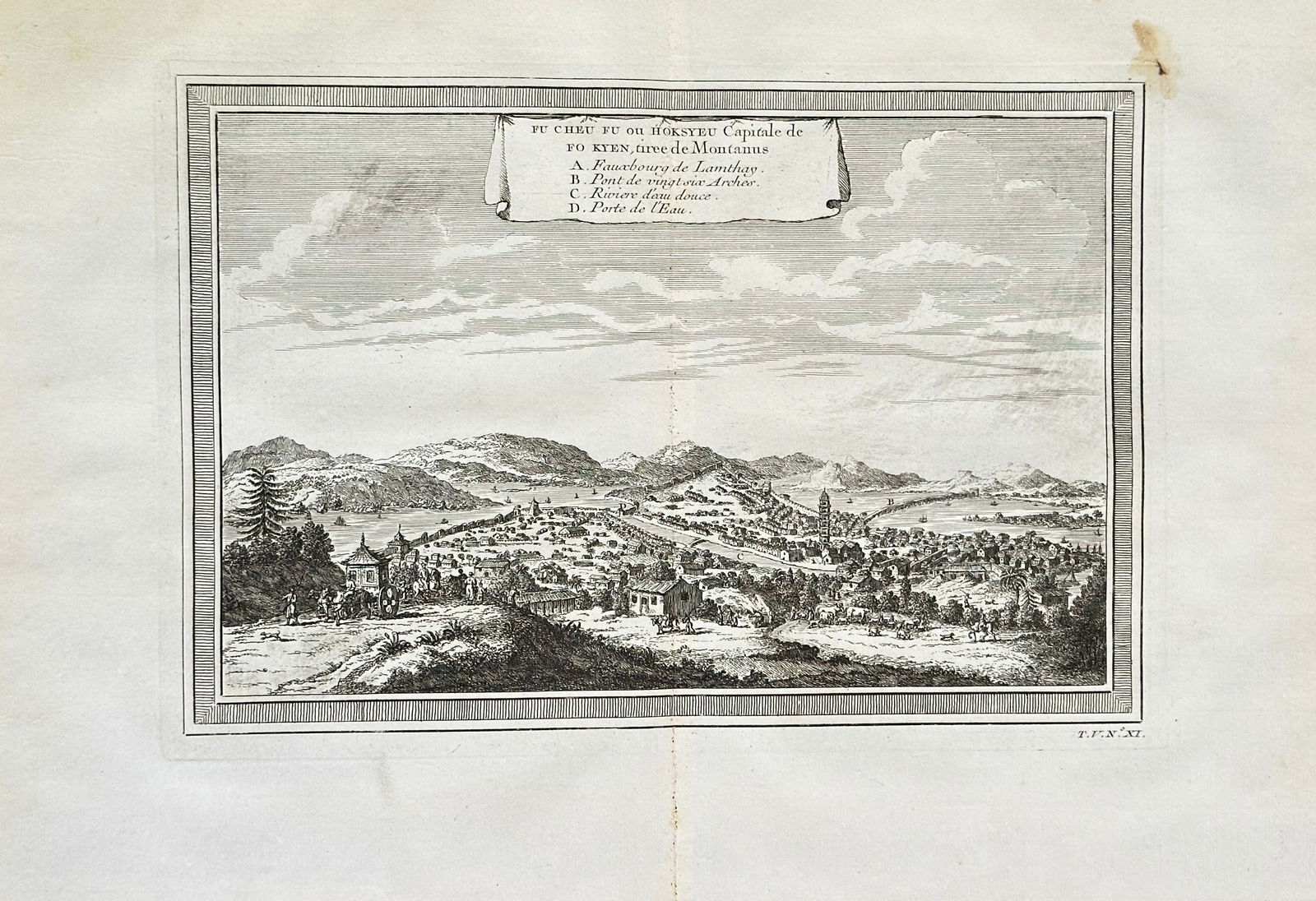 Antoine-François Prévost d'Exiles – View of St. Chil, the Old Capital of Ro Kern in the: This topographical engraving provides a broad panoramic view of the town of St. Chil (or N. C. L'Ancienne Capitalle de Ro Kern), an old capital located in the mountainous interior of Southeast Asia. T