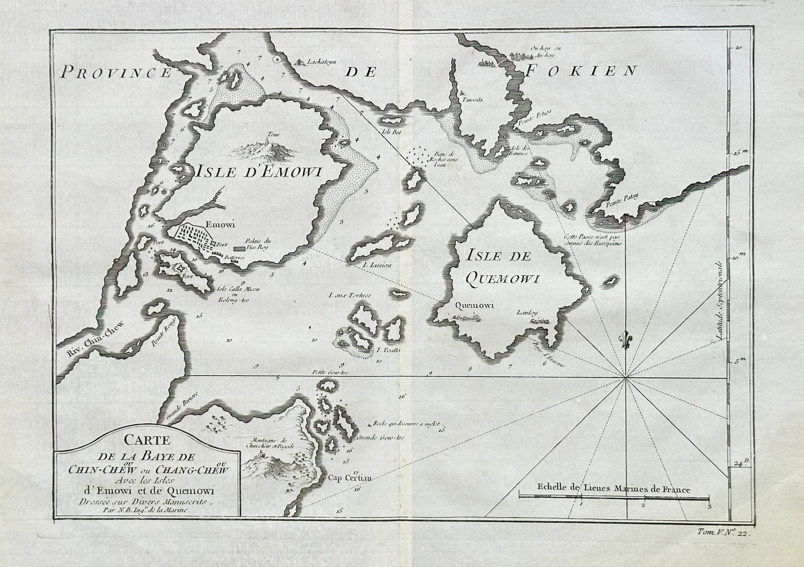 Jacques-Nicolas Bellin – Map of Chin-Che'u Bay and the Islands of Xiamen and Kinmen – Engraving: This topographical map (Carte de la Baye de Chin-Che'u...) is a detailed hydrographic and geographical illustration of the coastal area of Fujian Province, China, including the strategically important
