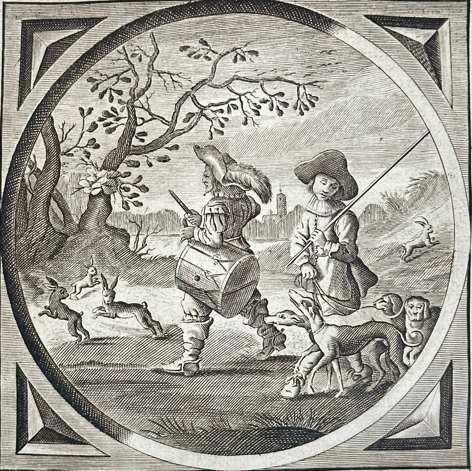 Jacob Cats (1577–1660) – It is Bad to Catch Hares with Drums – Engraving (17th Century): This engraving is a moralistic emblem depicting two figures, one a man beating a large drum while a companion guides hunting dogs, illustrating the futility of trying to catch hares noisily. The motto