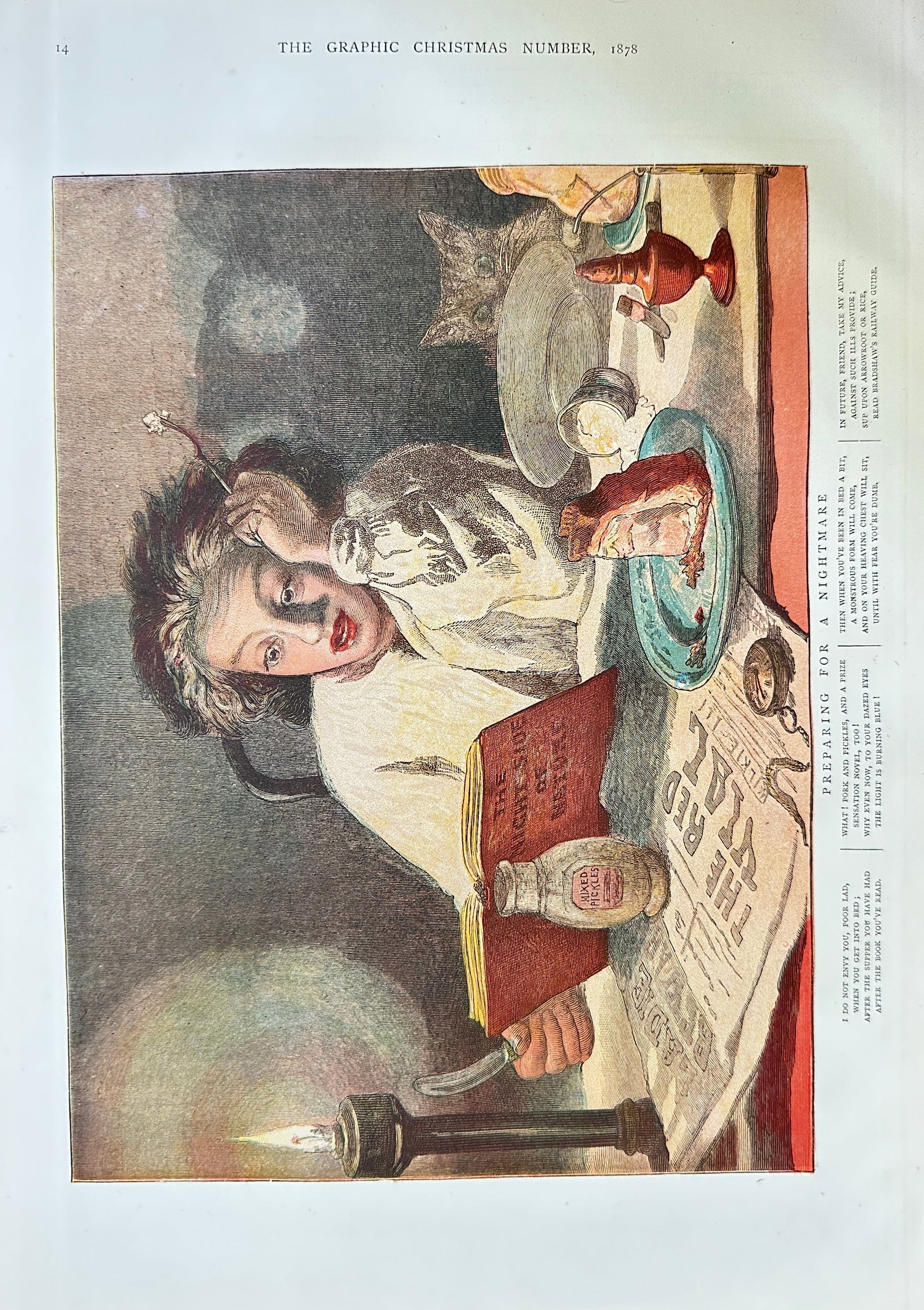 The Graphic – Preparing for a Nightmare – Colour Wood-Engraving (1878): This Colour Wood-Engraving (Chromoxylograph) reproduces a Victorian illustration by Frederick Smallfield, depicting a man reading by candlelight late at night, seemingly overcome by apprehension as he