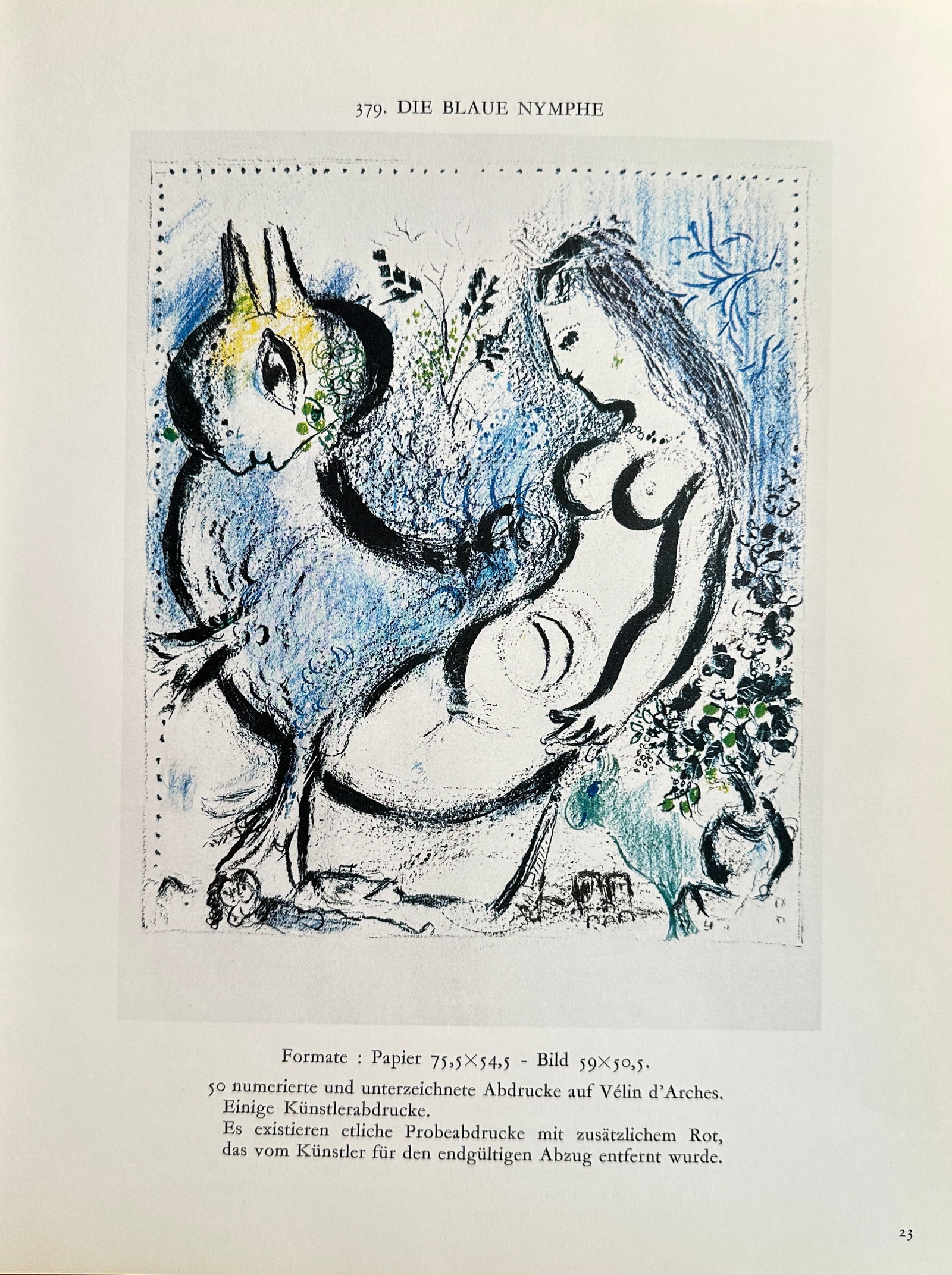 Marc Chagall (1887–1985), after – The Blue Nymph – Offset print (20th Century): This Offset print reproduces the colorful graphic work The Blue Nymph (Die Blaue Nymphe), featuring a characteristic composition of a nude female figure reclining alongside an abstract animal figure (
