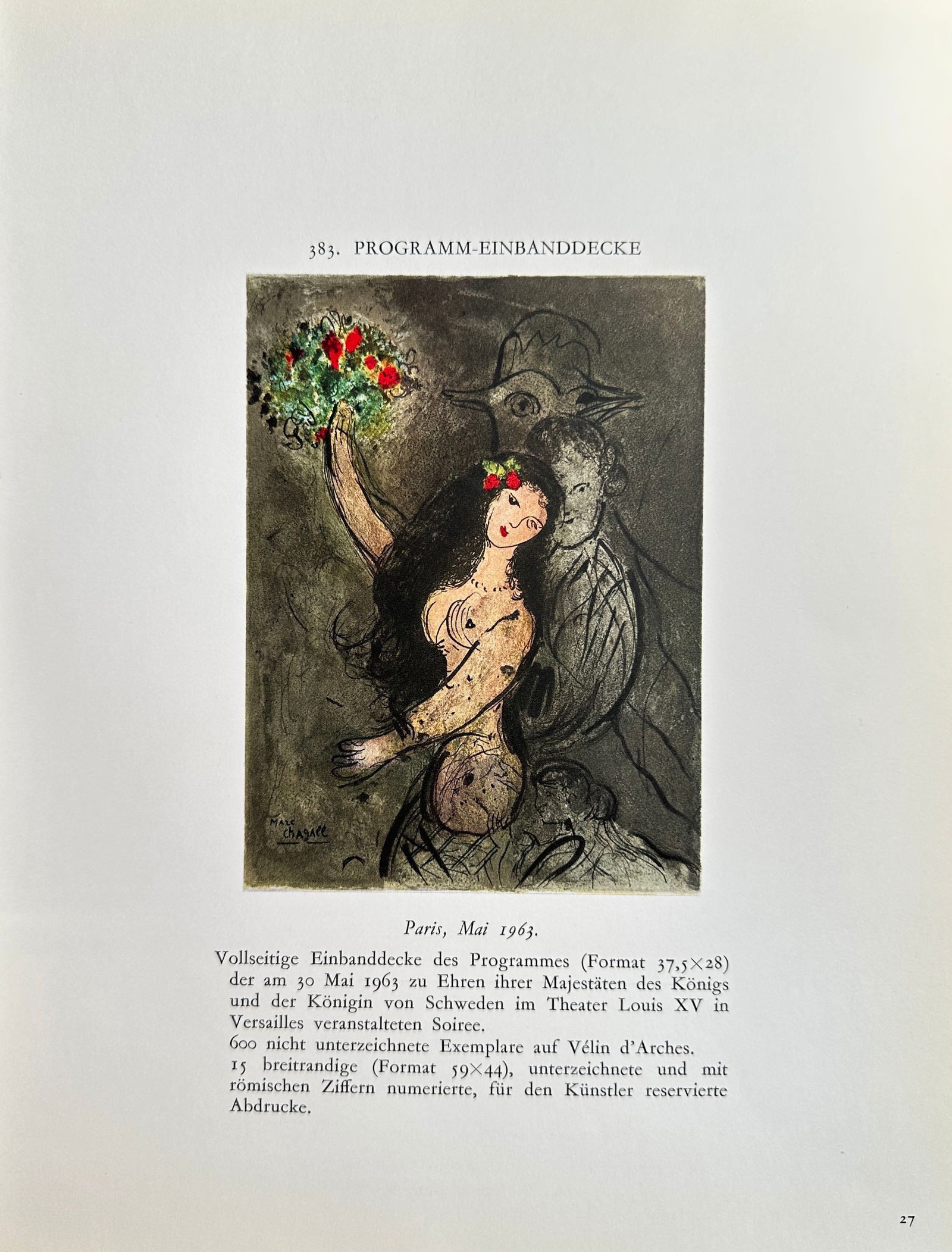 Marc Chagall (1887–1985), after – Woman with Bouquet and Bird Figure (Program Cover) – Offset: This Offset print reproduces a colorful program cover (Program Cover or Programm-Einbanddecke) designed for a royal soirée in Versailles. The illustration depicts a characteristic Chagall subject: a