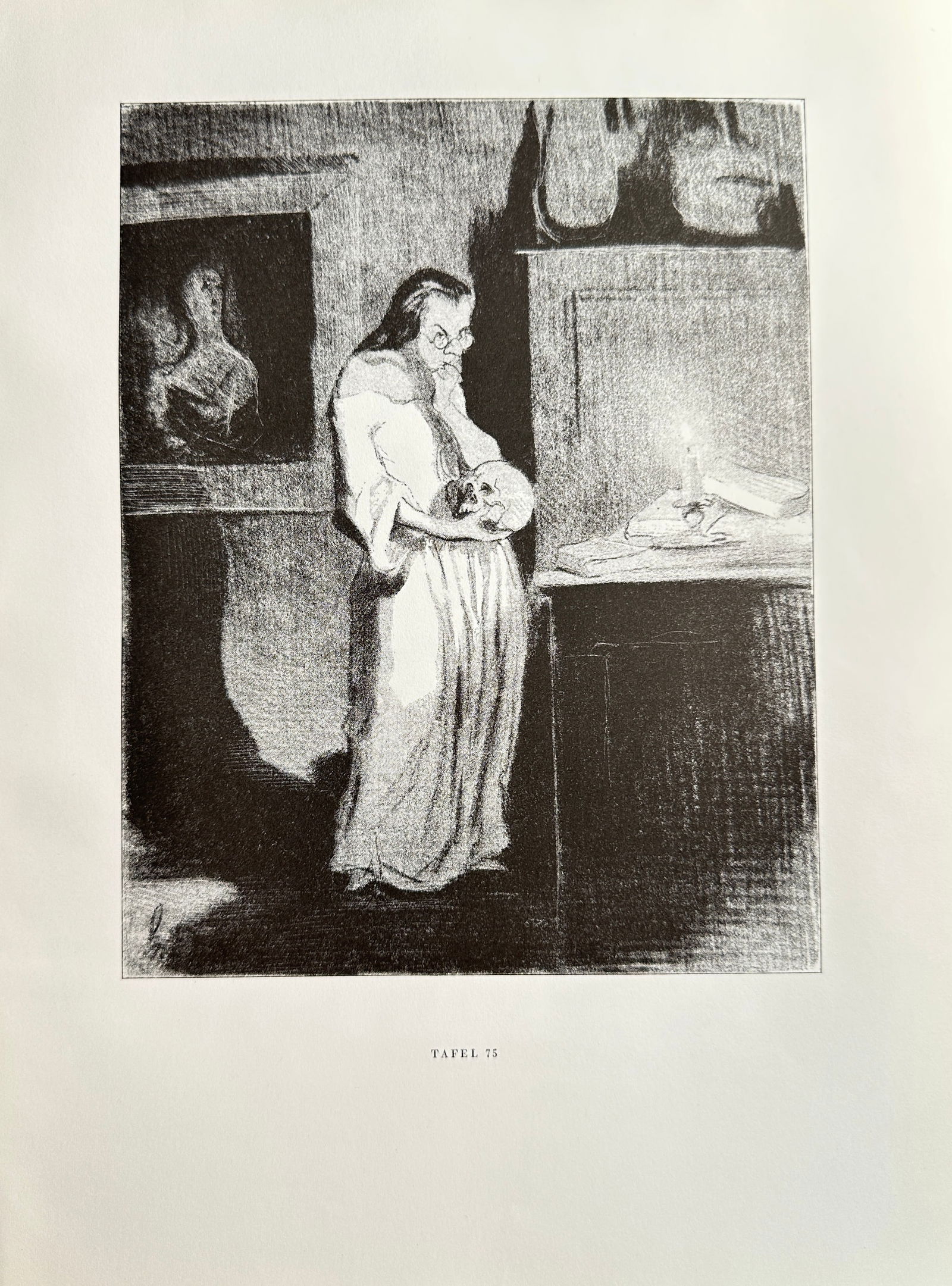 Honoré Daumier (1808–1879), after – The Contemplation of the Skull – Offset print (20th: This Offset print reproduces a lithograph by Honoré Daumier titled The Contemplation of the Skull, depicting a cloaked, bearded figure, possibly a scholar or doctor, standing by candlelight and holdi