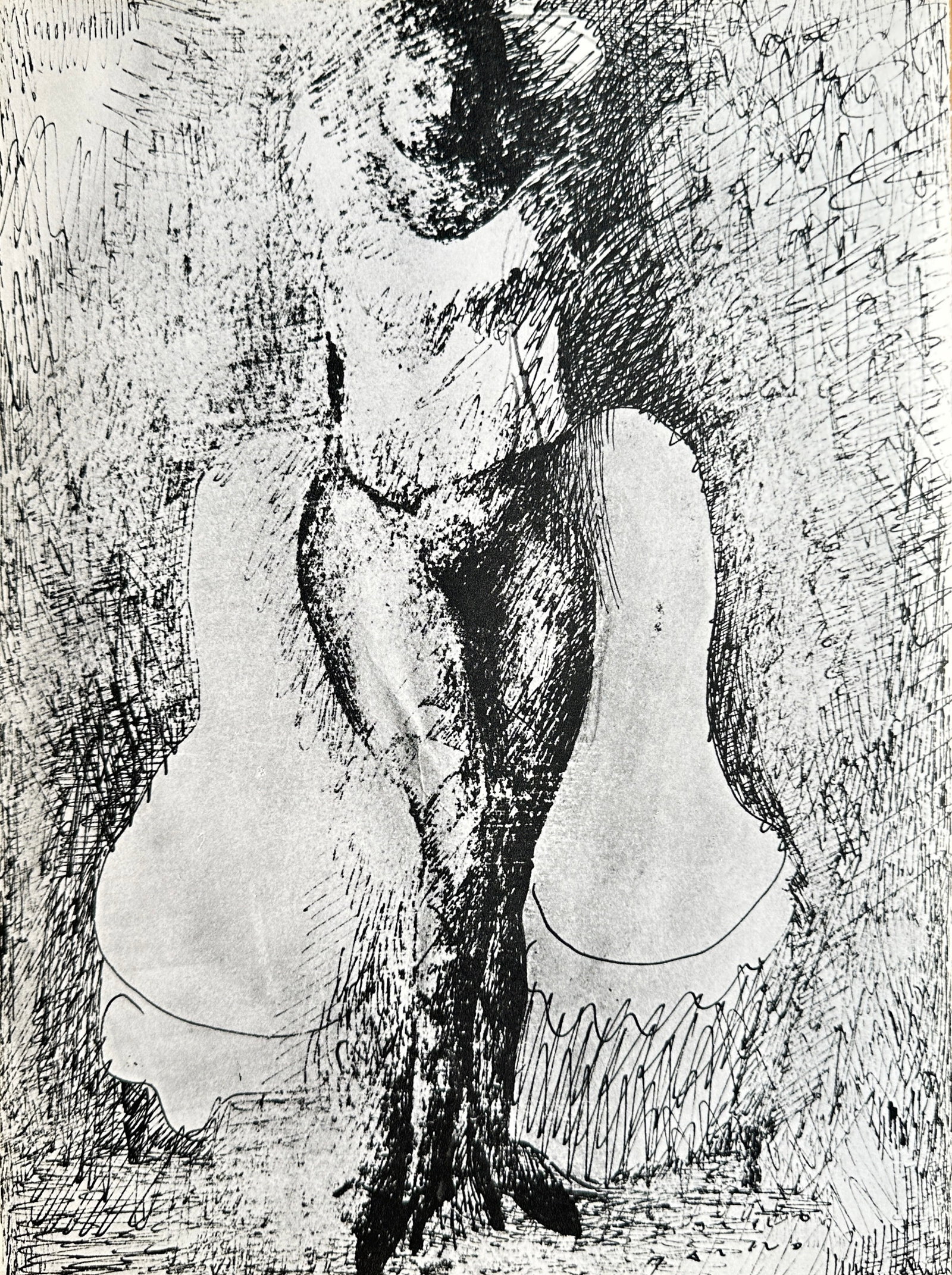 Marino Marini (1901–1980), after – Abstract Figure in Scribbled Landscape – Offset print (20th: This Offset print reproduces an abstract and highly textural work by Marino Marini, featuring a central figure (likely a female form) created through dense, frantic scribbled lines and cross-hatching,
