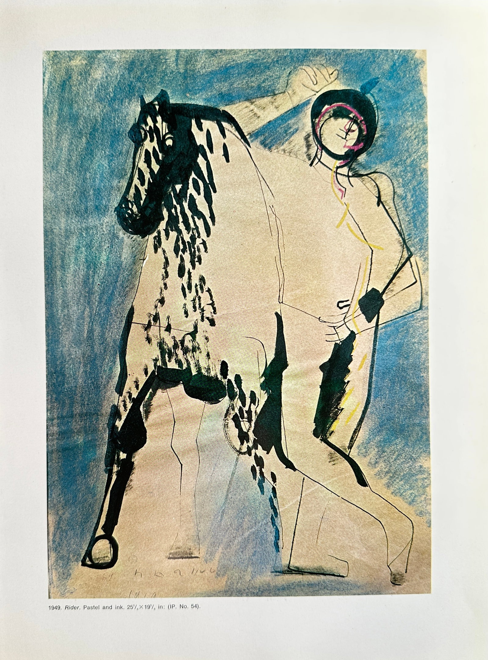 Marino Marini (1901–1980), after – Rider – Offset print (20th Century): This Offset print reproduces the expressive mixed-media work Rider (Reiter), which depicts a stylized figure mounted on a large, strong horse. The original 1949 artwork, created in pastel and ink, is 