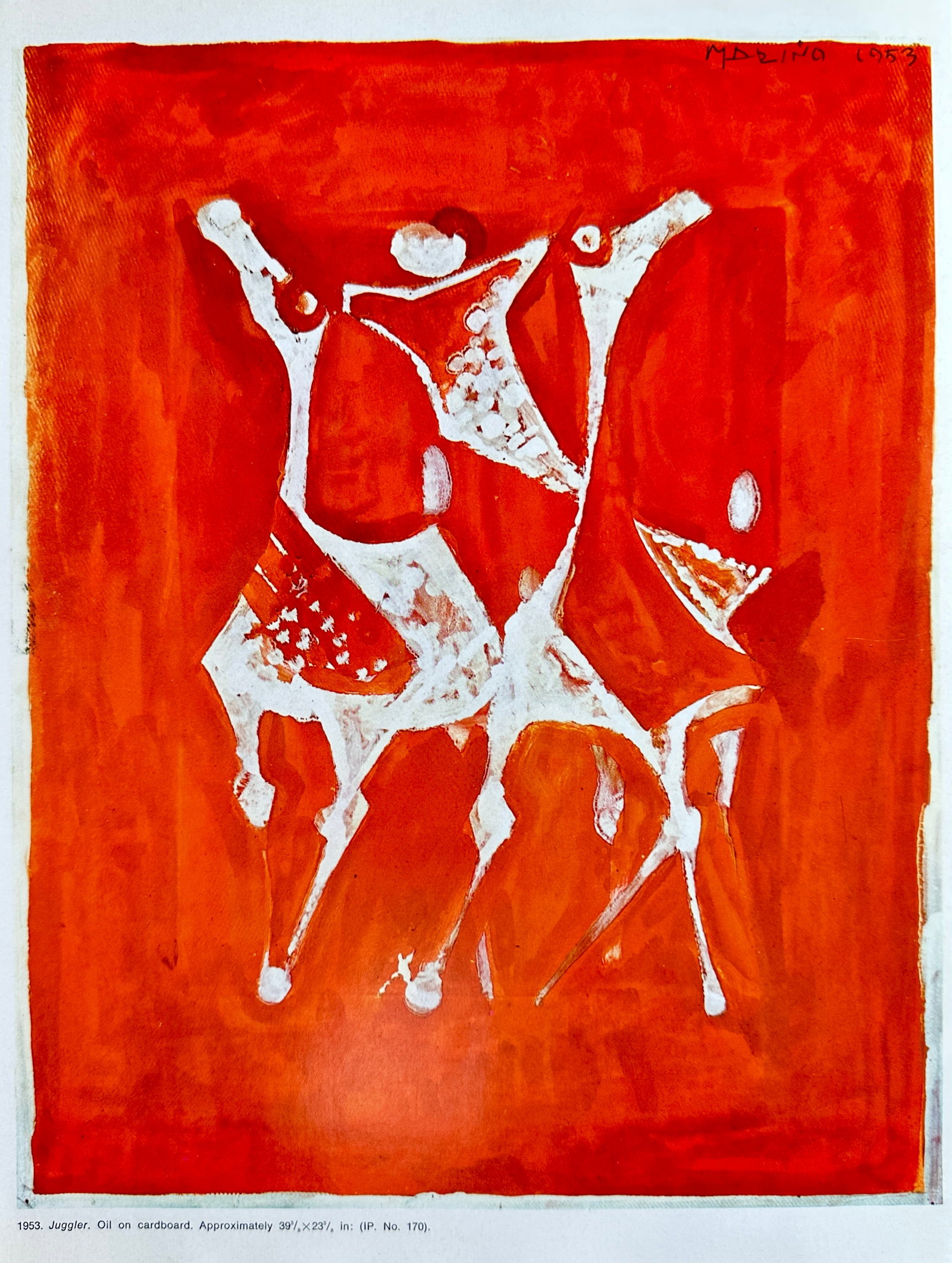 Marino Marini (1901–1980), after – Juggler – Offset print (20th Century): This Offset print reproduces the vibrant oil painting titled Juggler, originally created in 1950. The abstract composition features two white, highly stylized, acrobatic figures rendered in bold white
