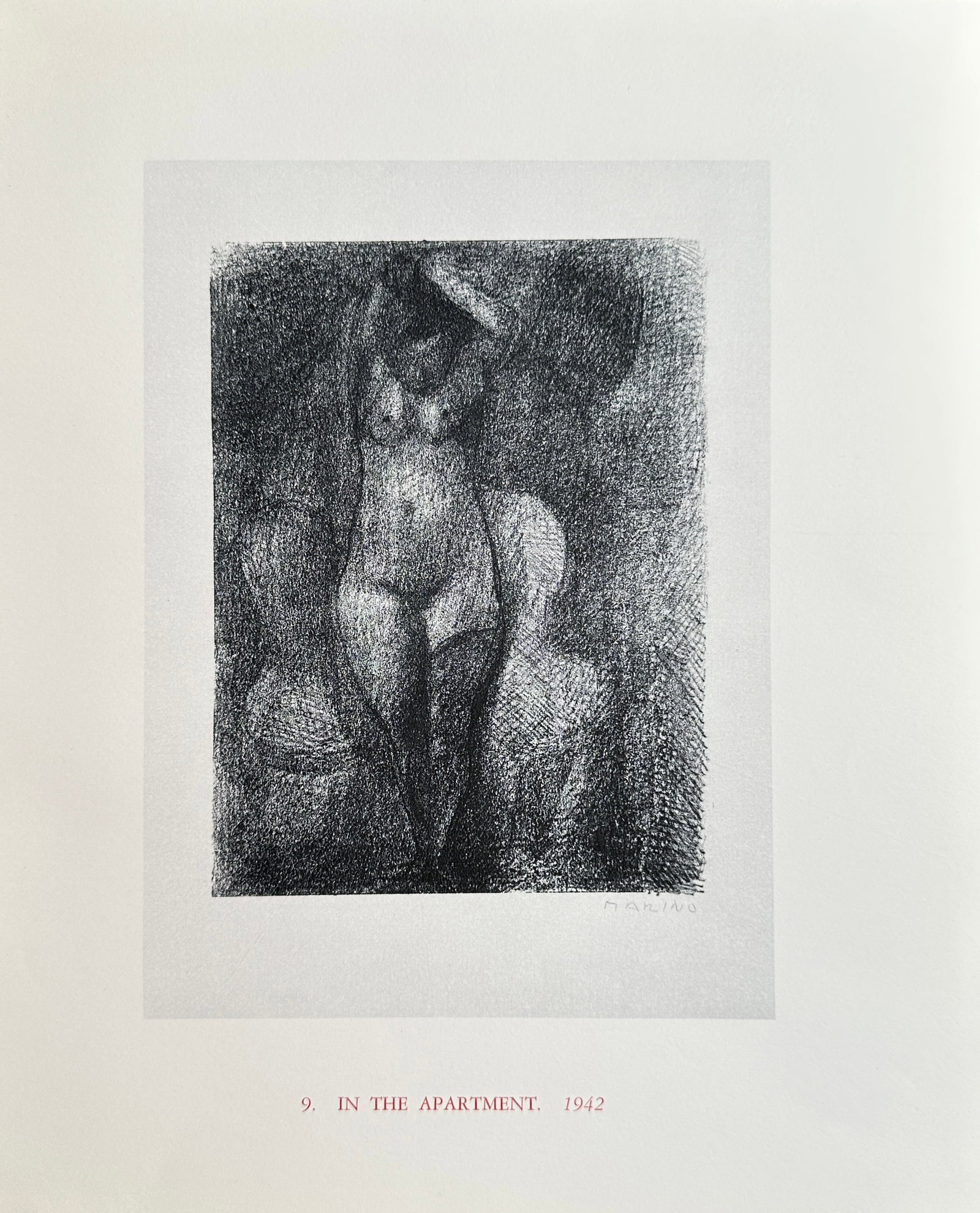 Marino Marini (1901–1980), after – In the Apartment – Offset print (20th Century): This Offset print reproduces an expressive black-and-white drawing titled In the Apartment, depicting a heavily modeled female nude figure standing within a darkly shaded, ambiguous interior space. Th