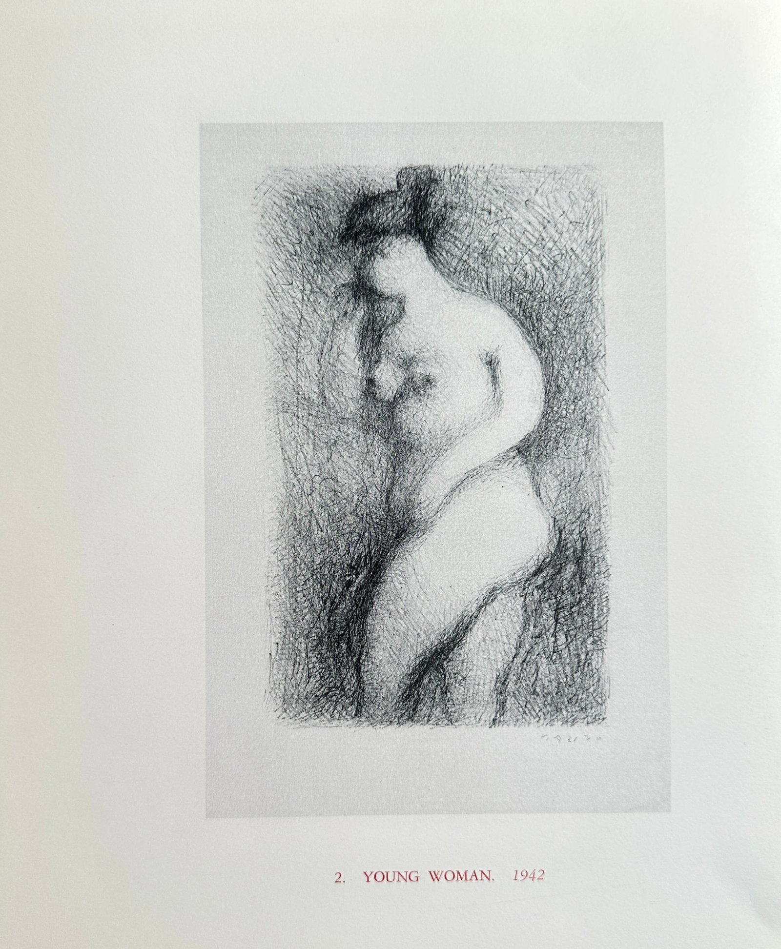 Marino Marini (1901–1980), after – Young Woman – Offset print (20th Century): This Offset print reproduces an expressive black-and-white drawing titled Young Woman, featuring a classically posed female nude figure rendered with dense, expressive shading that emphasizes her curv