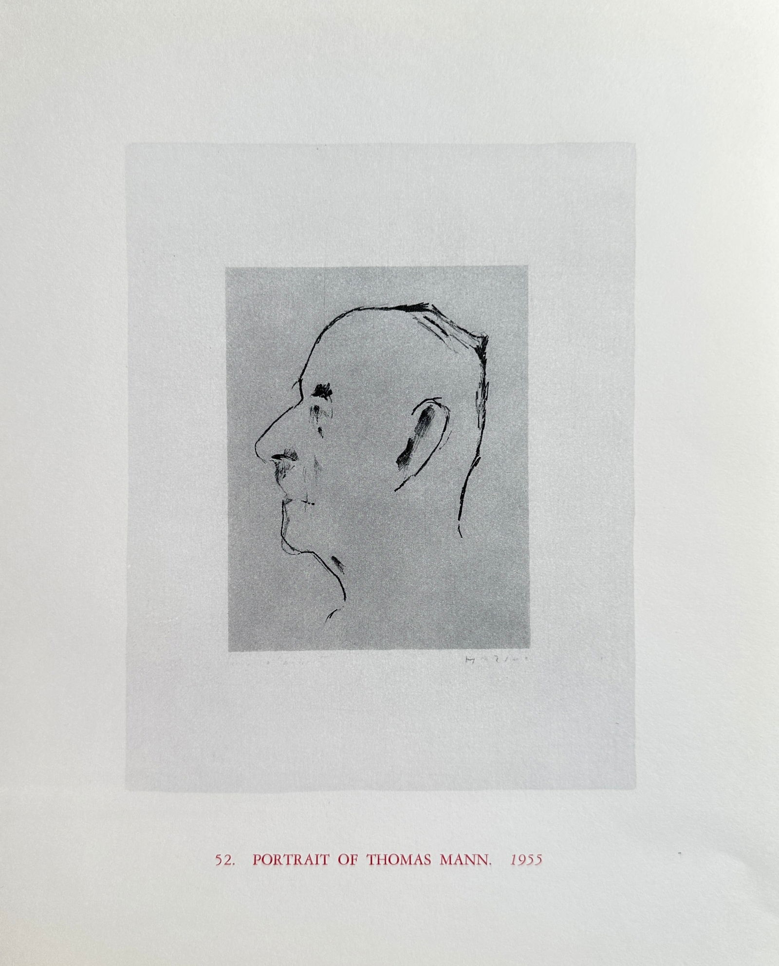 Marino Marini (1901–1980), after – Portrait of Thomas Mann – Offset print (20th Century): This Offset print reproduces a highly expressive ink drawing titled Portrait of Thomas Mann, featuring the author's profile rendered with minimal, fluid black lines. The stark simplicity of the drawin