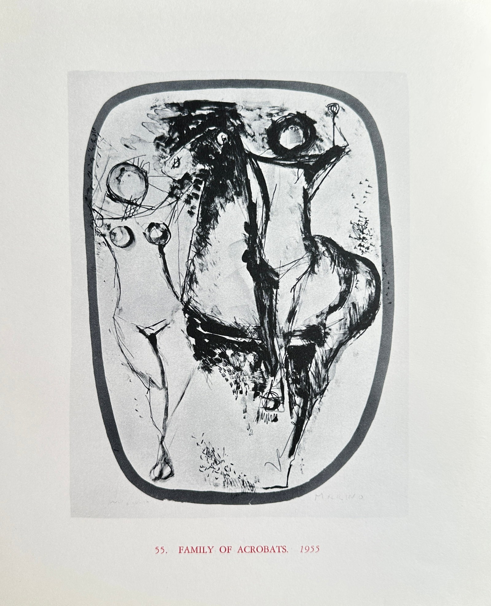 Marino Marini (1901–1980), after – Family of Acrobats – Offset print (20th Century): This Offset print reproduces an expressive black-and-white drawing titled Family of Acrobats, featuring several highly abstracted figures rendered in bold, energetic lines and contained within a soft 