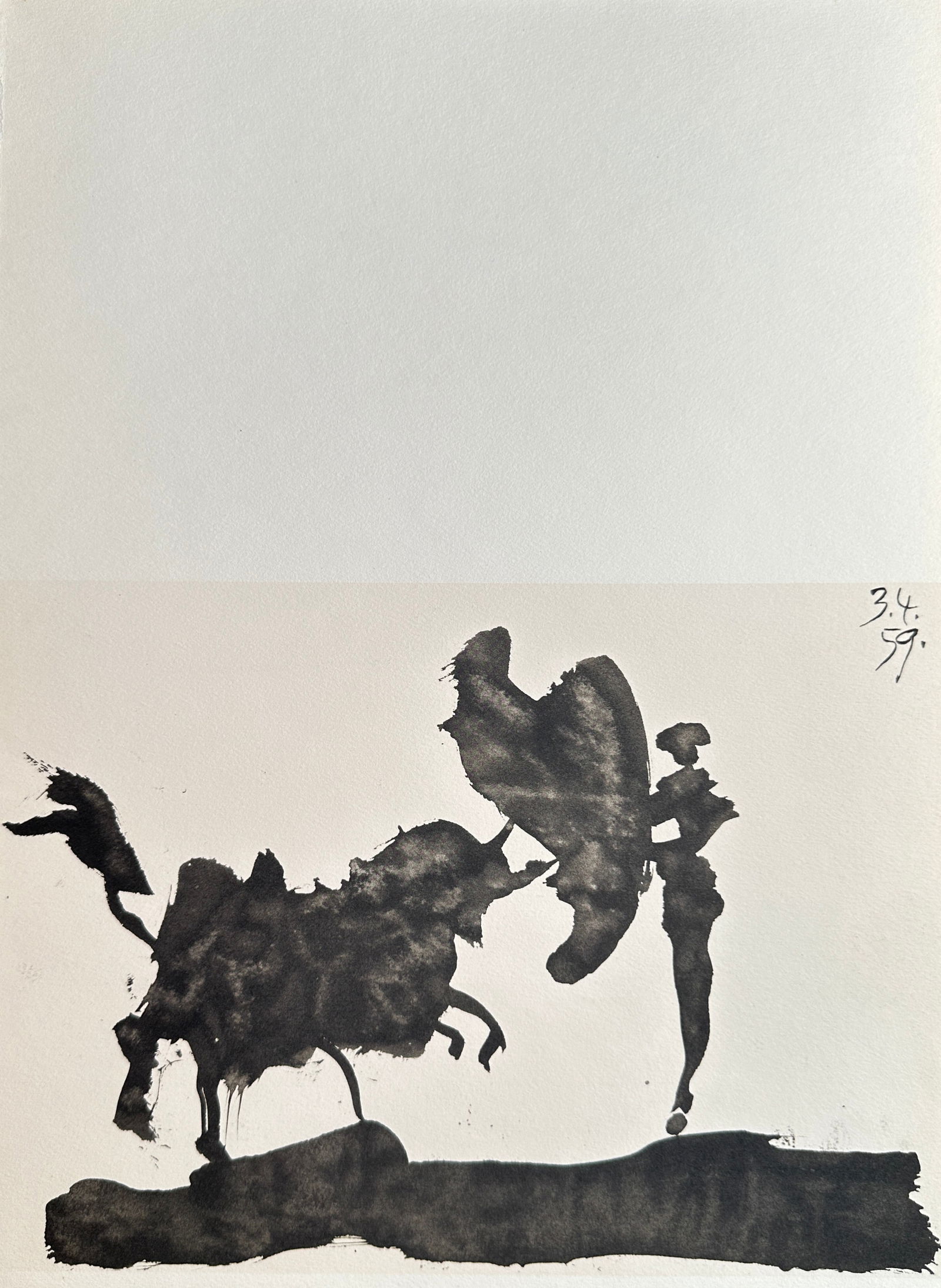 Pablo Picasso (1881–1973), after – Bull and Matador with Cape – Offset print (20th Century): This Offset print reproduces a powerful monochrome ink wash drawing titled Bull and Matador with Cape. The composition captures the dynamic confrontation of the Spanish bullfight, rendered in expressi