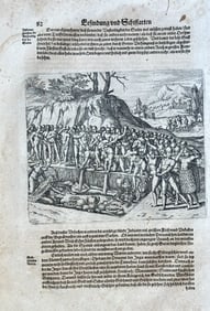 Theodor de Bry – Invention and Sharpening: A Ritual on a Raised Platform – Engraving: This engraving, titled "Erfindung und Schurren" in old German, depicts a scene of indigenous people gathered around a raised platform. The illustration provides a detailed view of a ritual or ceremony