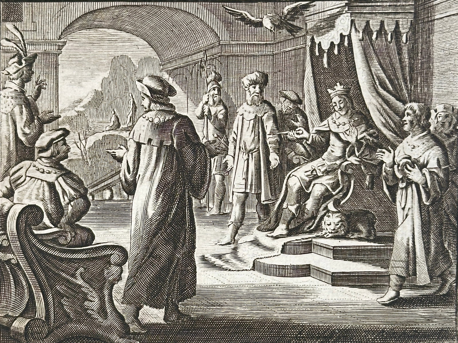 Jacob Cats (1577–1660) – Psammetichus Seeking Truth – Engraving (Circa 1655): This detailed engraving, titled “Psammetichus,” illustrates a moral or allegorical scene from one of Jacob Cats’s emblem books, often relating to wisdom, kingship, or the search for truth. T