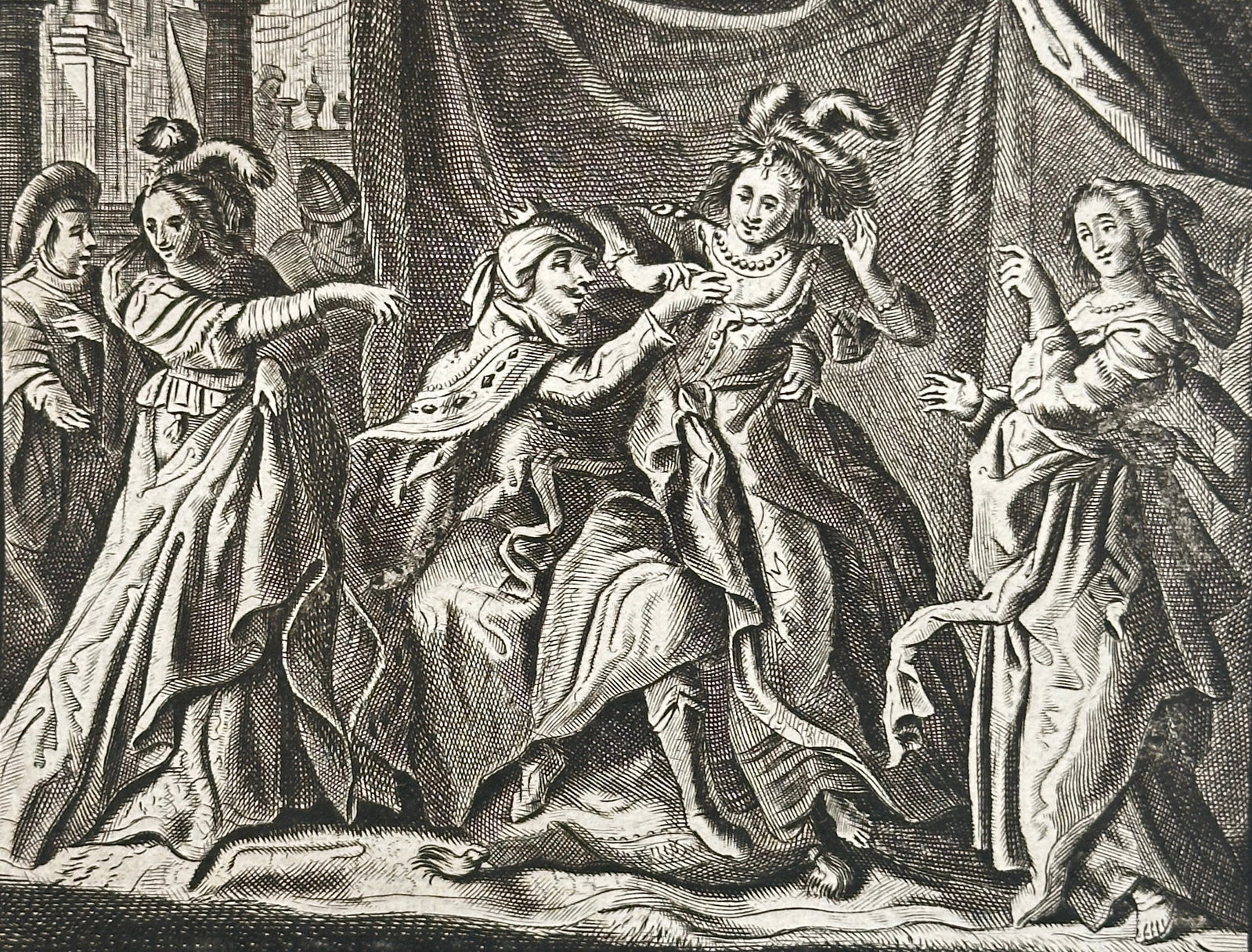 Jacob Cats (1577–1660) – Phantom Love – Engraving (Circa 1655): This detailed engraving, titled Phantom Love, or Ghostly Love, illustrates a dramatic moral allegory from one of Jacob Cats’s emblem books. The scene is set indoors, possibly a bedroom, where a cent
