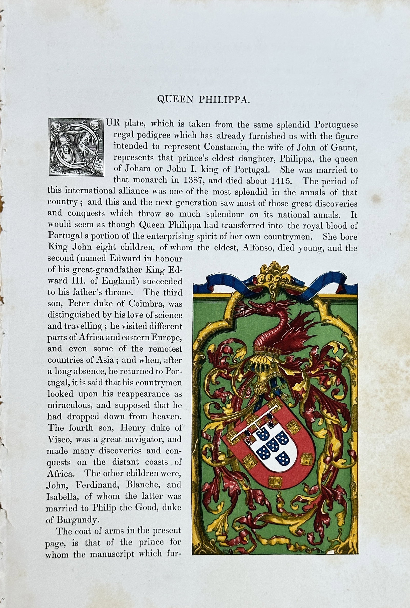 Henry Shaw – Queen Philippa (Portuguese Royal Coat of Arms and Illuminated Initial): This hand-coloured engraving is a study of royal heraldry and manuscript illumination associated with Queen Philippa (1360–1415), wife of John I of Portugal and daughter of John of Gaunt. The print 