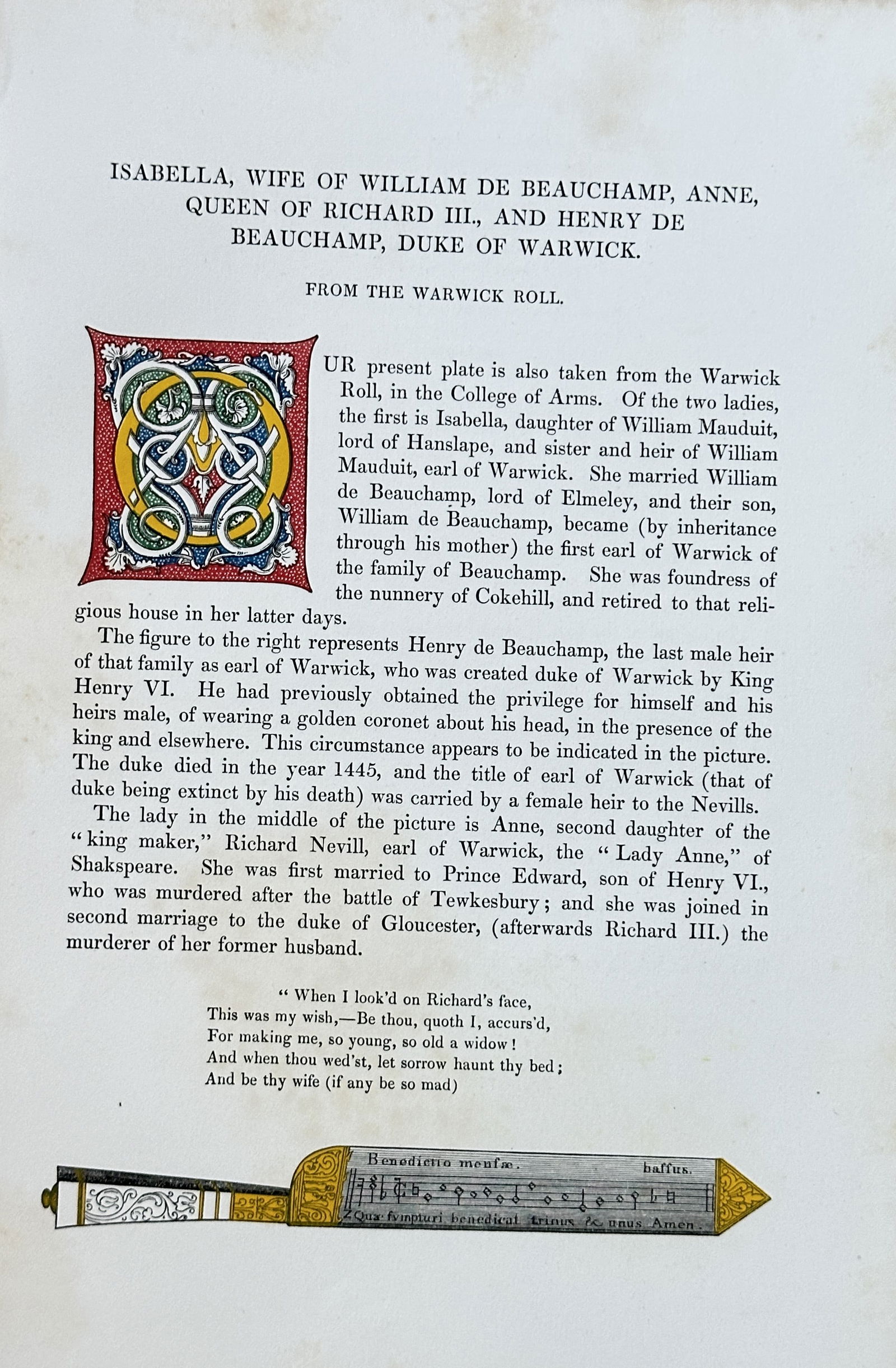Henry Shaw – Isabella and Anne (Illuminated Initial and Manuscript Music) – Hand-coloured (1 of 2)