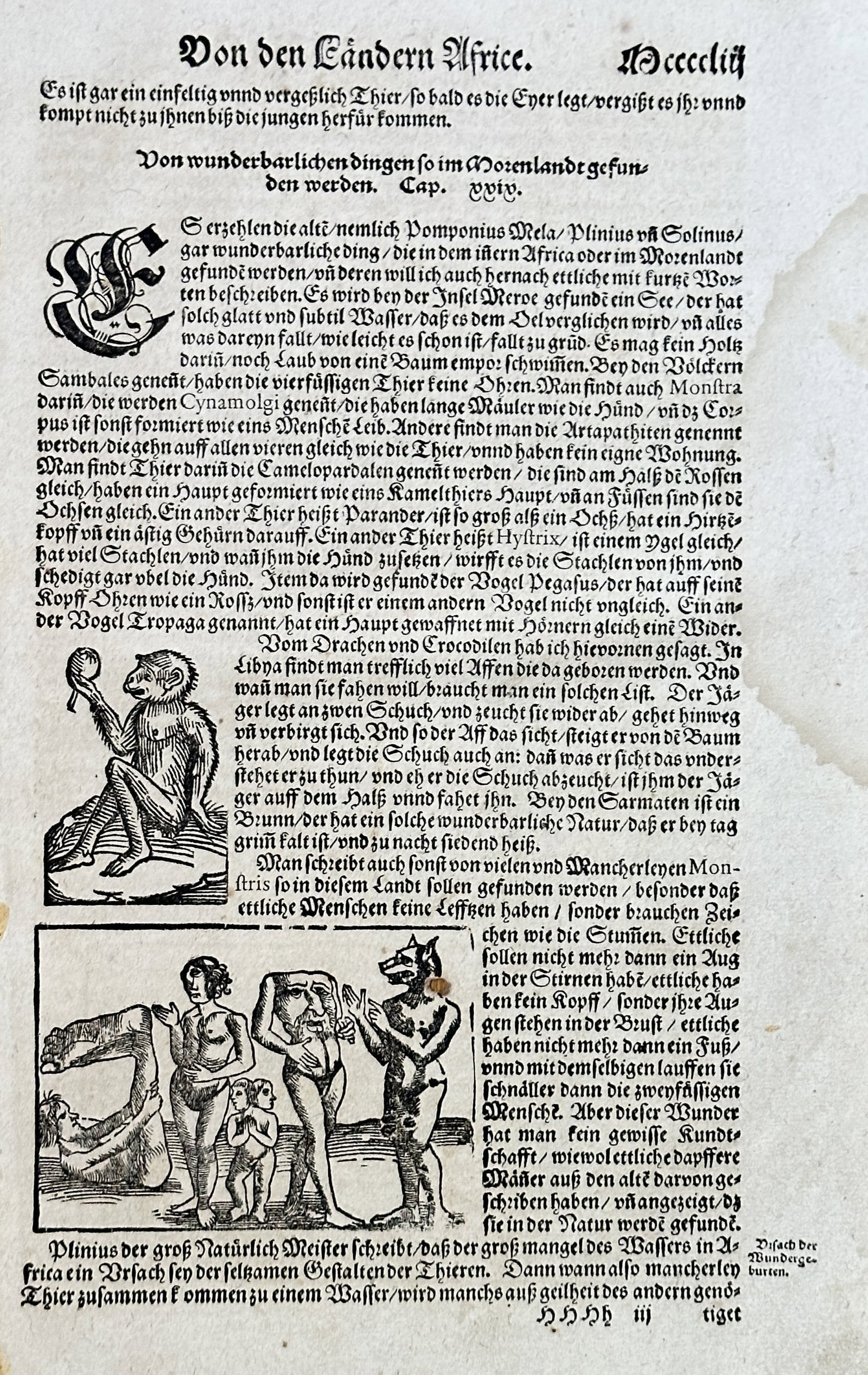 Sebastian Münster – Concerning the Lands of Africa (Wonders and Exotic Peoples) – Woodcut: This sheet is an original text and woodcut page, titled "Von den Ländern Africa" (Concerning the Lands of Africa). The page includes German letterpress text describing "wonderful things found in Sout