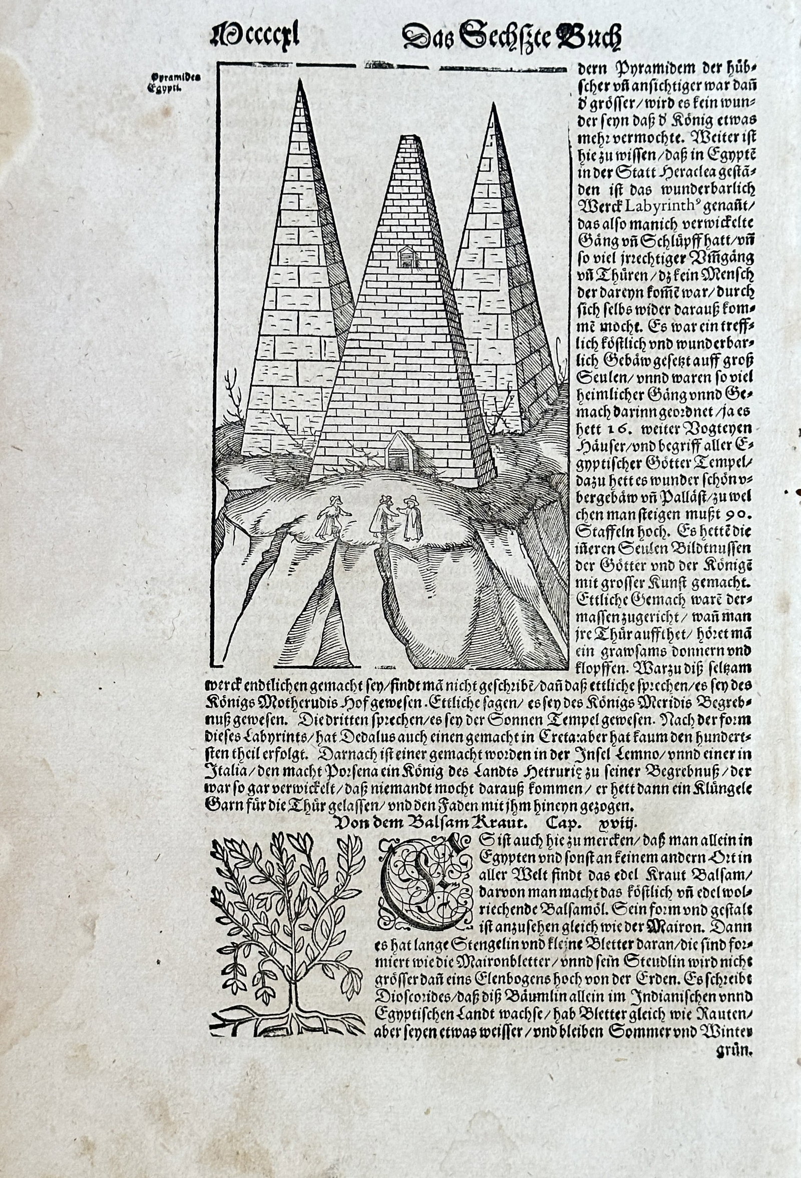 Sebastian Münster – The Pyramids in Egypt (Wonders of the Sixth Book) – Woodcut (Circa 1570): This sheet is an original text and woodcut page, titled "Das Sachßte Buch" (The Sixth Book) and focuses on the wonders of the ancient world. The prominent central woodcut illustrates the Pyramids of 