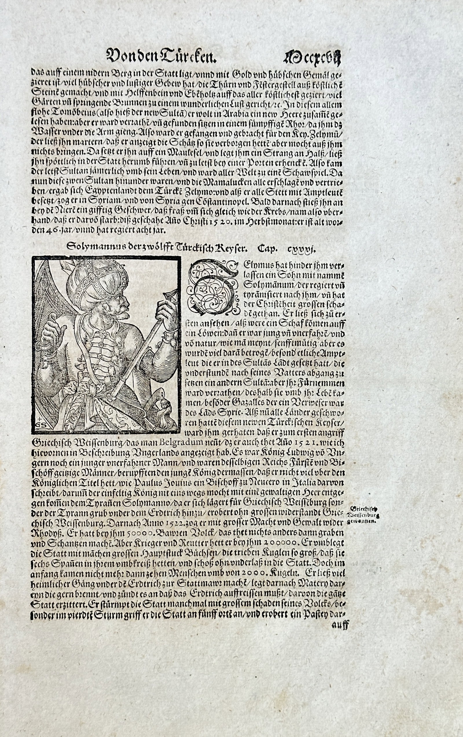 Sebastian Münster – Concerning the Turks (Sultan Suleiman the Magnificent) – Woodcut (Circa: This sheet is an original text and woodcut page, titled "Von den Türcken" (Concerning the Turks) and focuses on a major Ottoman ruler. The central woodcut features a striking, full-length portrait of
