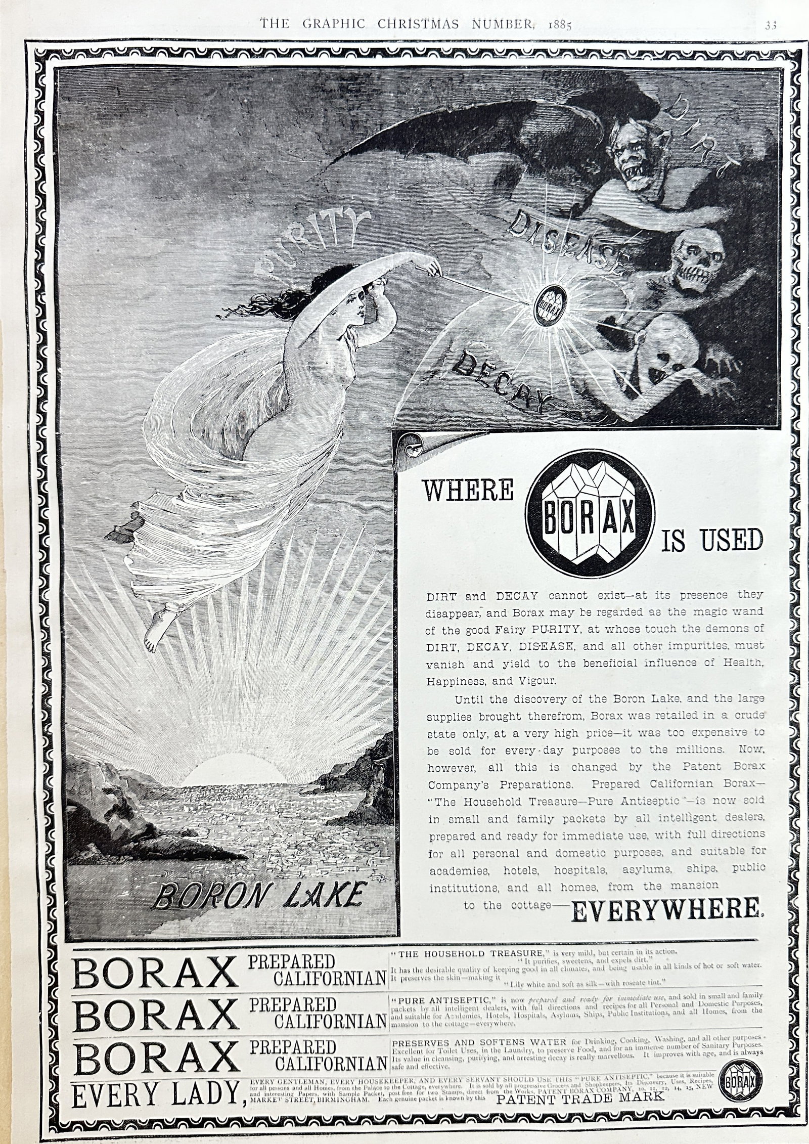 The Graphic – Borax Prepared Californian: Purity vs. Disease (Advertisement) – Hand-coloured: This striking, allegorical advertisement for Borax Prepared Californian appeared in The Graphic Christmas Number, 1884. The central image uses dramatic contrast: on the left, a figure representing "Pu
