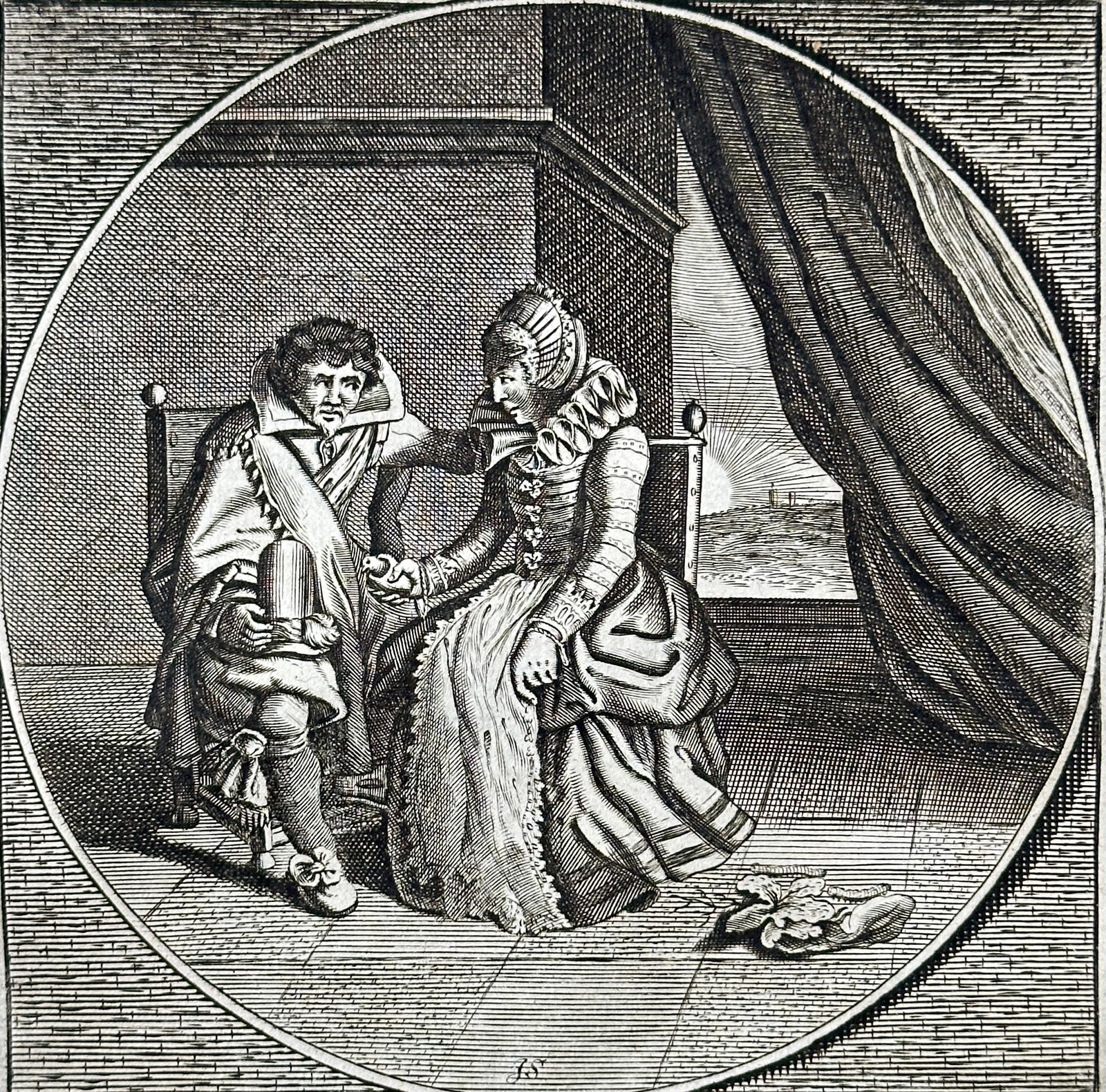 Jacob Cats (1577-1660) – Amica Amanti Anima (A Friend's Soul to a Lover) – Engraving: A finely detailed engraving depicting an indoor scene with a man and a woman seated next to each other in large wooden chairs, framed within a circular border. The man, dressed in fashionable 17th-cen