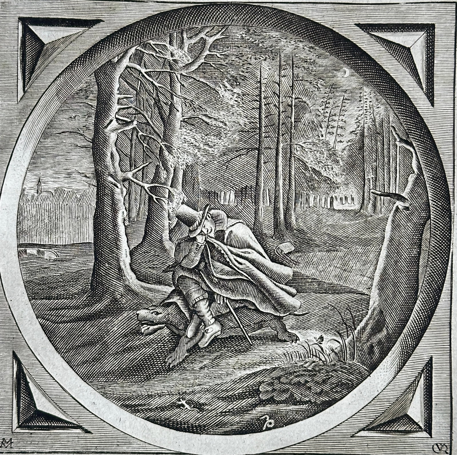 Jacob Cats (1577-1660) – Rey Slesse (Sincere and Fine Feeling) – Engraving: A detailed engraving set within a circular and square ornamental frame, depicting a figure attempting to cross a rough patch of forest ground during a strong wind. The man, wrapped in a heavy cloak th