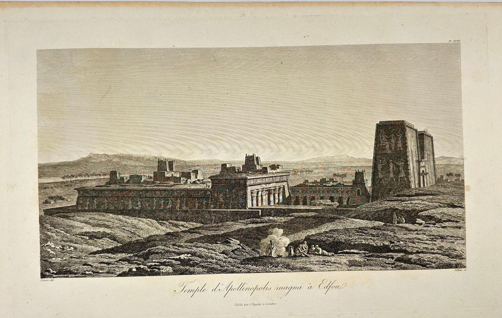 Dominique Vivant Denon (1747–1825) – Temple of Apollinopolis Magna in Edfu: This original antique engraving depicts the Temple of Apollinopolis Magna, now known as the Temple of Edfu, one of the most complete and grandiose temples of the Ptolemaic era in Egypt. The compositio