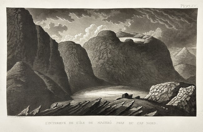 Anders Fredrik Skjöldebrand – Interior of the Island of Magerø near the North Cape: This striking aquatint presents the dramatic interior of Magerø (Magerøya), the arctic island that hosts the North Cape plateau in northern Norway. The view captures steep, looming cliffs encircling