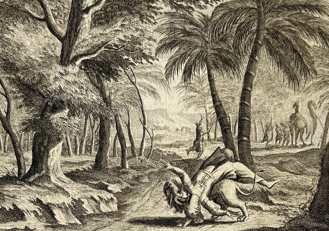 François Valentijn – Princess Taken by Lion – Ceylon, Sri Lanka – Copperplate Engraving: This scarce original antique print depicts the princess taken by a lion in Ceylon (Sri Lanka), a scene related to Vijaya's grandmother. It is a copperplate engraving/etching on hand-laid (verge) paper