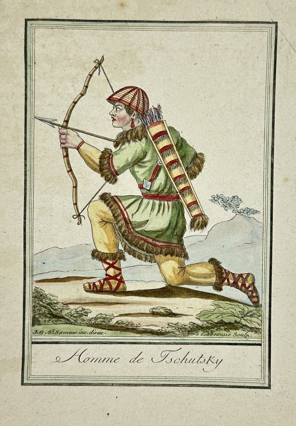 Labrousse after Jacques Grasset de Saint-Sauveur (1757–1832) – Man of Tschatoky: This striking hand-colored engraving, titled "Homme de Tschatoky" (Man of Tschatoky, referring to the Chukchi people of Northeast Asia), was engraved by F. Labrousse after a design by Jacques Grasset