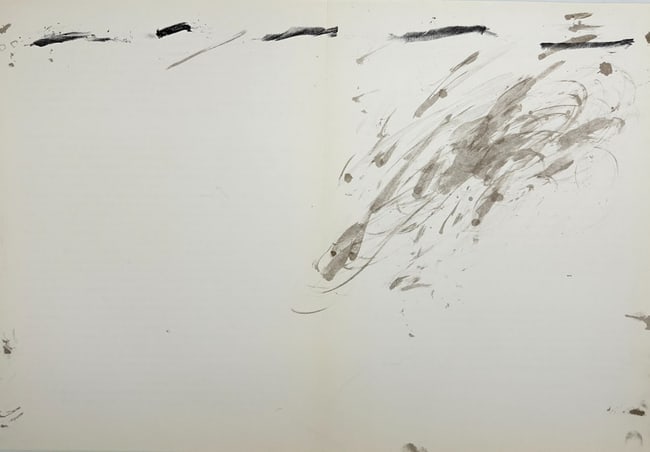 Antoni Tàpies,after – Untitled Abstract Composition – offset print - 20th century: This print by Antoni Tàpies, created in 20th century, embodies the artist’s philosophical exploration of materiality and gesture. Executed in muted black and grey ink, the print captures a sweeping