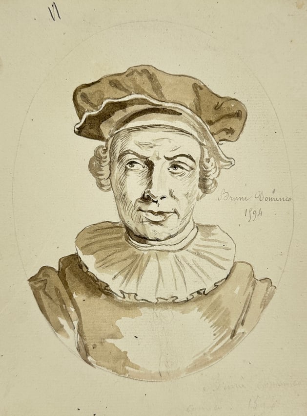 European School – Portrait of a Scholar – Ink and Wash Drawing (19th Century): Ink and wash portrait of a man in scholarly or Renaissance-style attire, identified in the inscription as “Bruni Domenico.” The sitter wears a voluminous cap and a pleated collar, framed withi