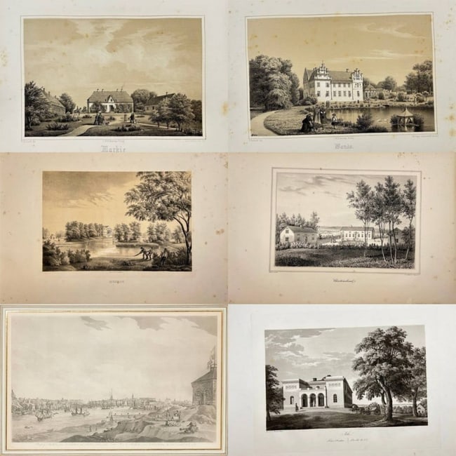 Richardt, Thersner and Martin – Set of 6: Topographical and Architectural Views - Engravings: set of six topographical and architectural prints of Sweden by prominent artists. The set includes two chromolithographs by Ferdinand Richardt of manors in the Scania region, three engravings by Ulrik