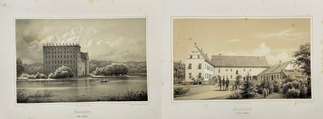 Ferdinand Richardt (1819–1895) – Two Views of Swedish Estates: Swanholm and Smedstorp: This set of two chromolithographs by Ferdinand Richardt features detailed views of Swedish estates. The works depict Swanholm from the Northeast and Smedstorp from the South, both rendered with the ar