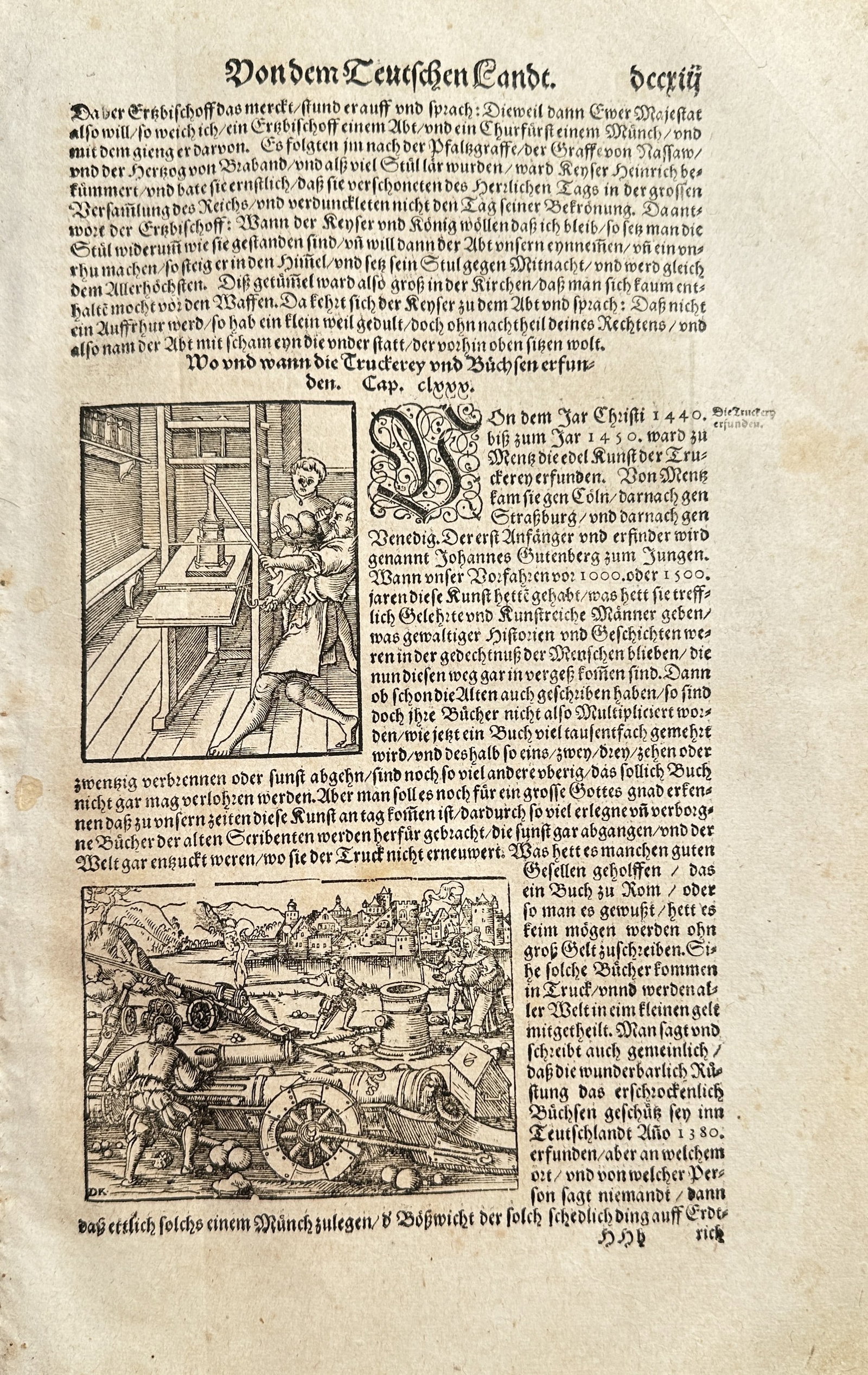 Sebastian Münster – German Industries (Printing and Mining) – Woodcut and Letterpress: This antique print is a double-column text page from the German-language edition of Sebastian Münster's expansive encyclopedia, Cosmographia, detailing the regions of Germany. The page features two n