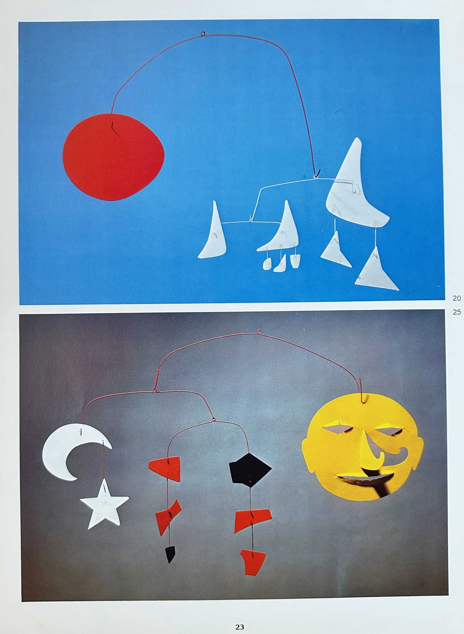 Alexander Calder (1898–1976), after – Set of 2 Mobiles: Celestial Forms and Abstract Figures: This abstract offset print showcases two distinct images of mobiles designed by the artist, characteristic of his kinetic sculpture work. The upper image features a large red circle and several white,