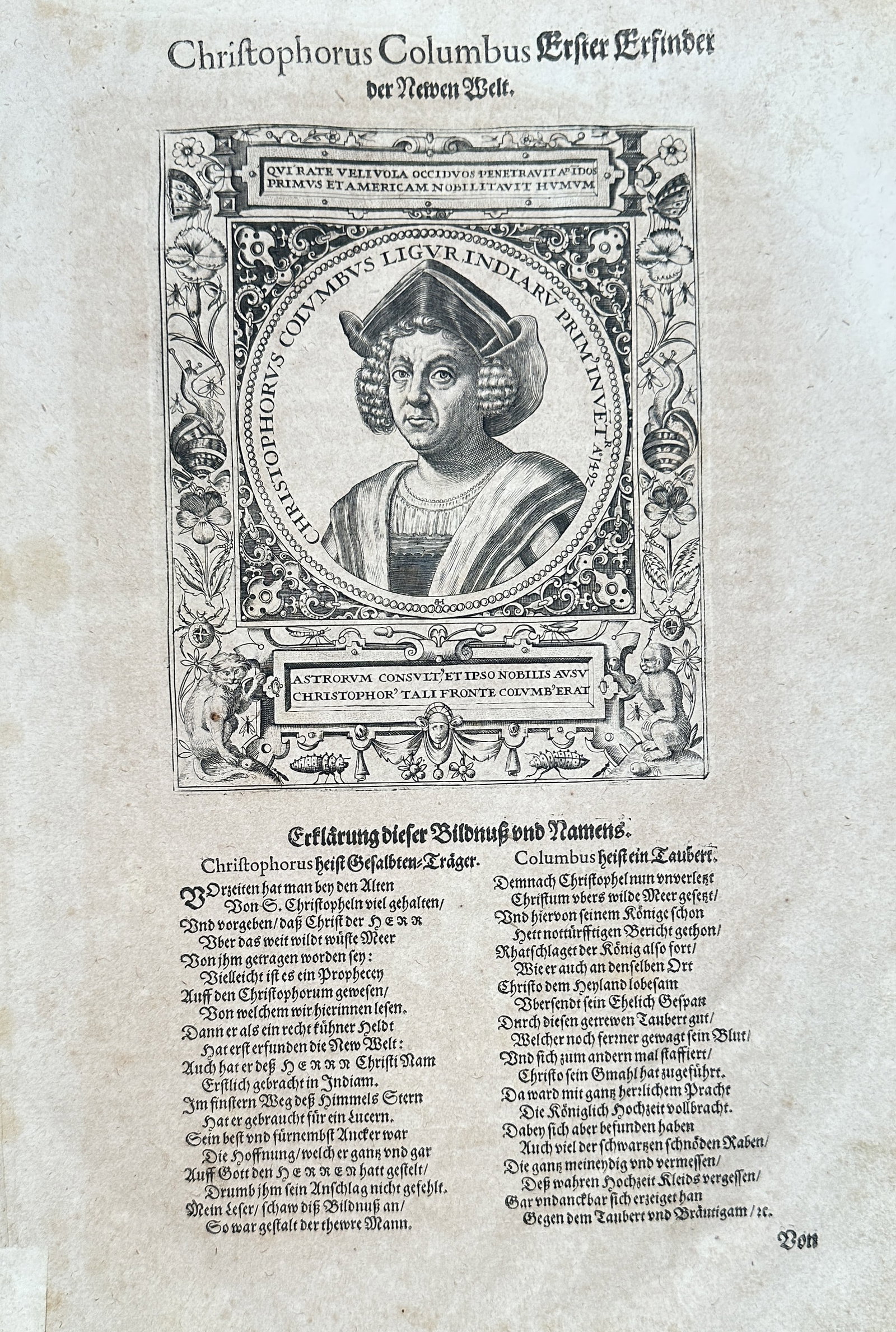 Theodor de Bry (1528–1598) – Christopher Columbus, First Discoverer of the New World: This black and white engraving is a detailed bust portrait of Christopher Columbus, set within an ornate, allegorical border that includes references to the Americas, such as indigenous motifs and col